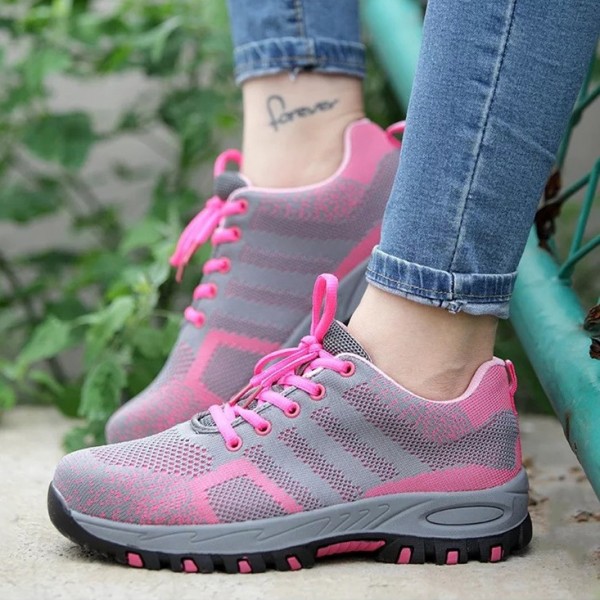 Womens Pink Mesh Upper Lace Up Puncture Proof Anti Smashing Steel Toe Work Safety Shoes